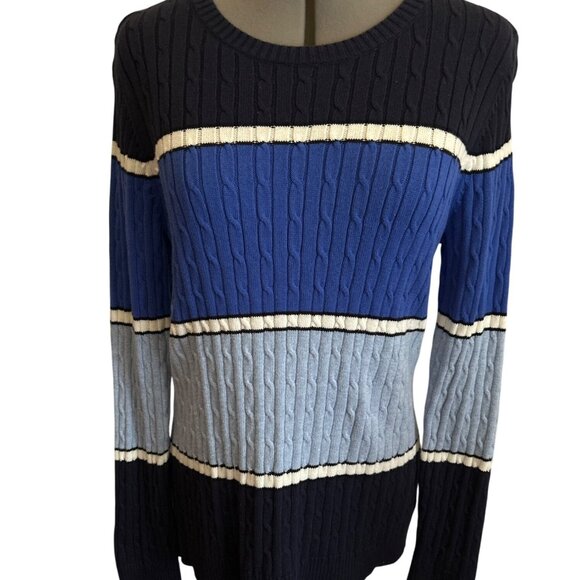 Croft & Barrow M Cable Knit Sweater Blue White Black Striped Cotton Casual Warm - Picture 1 of 7